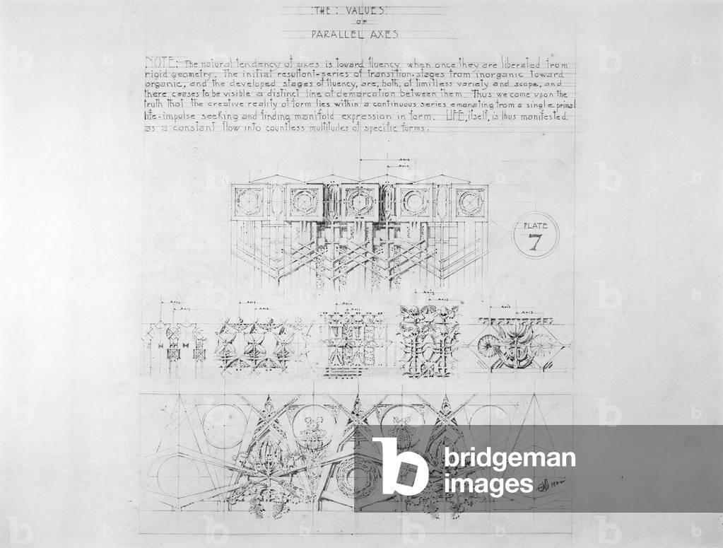 System of Architectural Ornament: Plate 7, The Values of Parallel Axes, 1922-23 (graphite on strathmore paper)