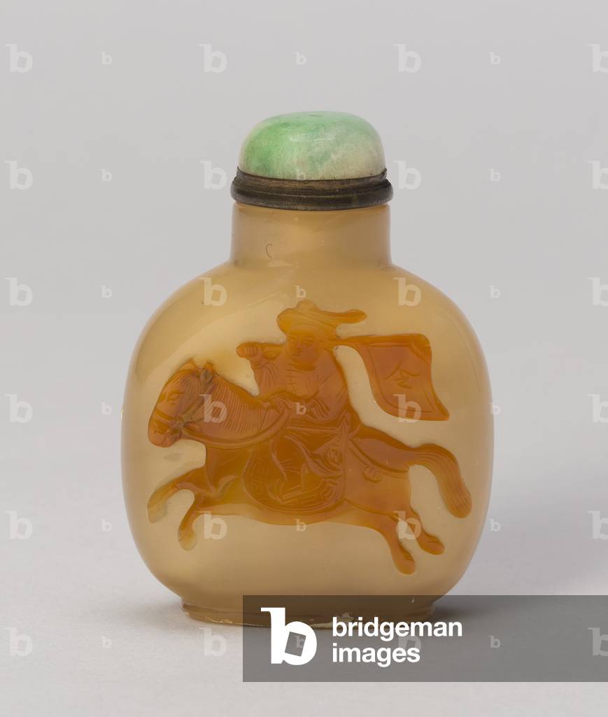 Snuff Bottle with Equestrian Bannerman with Flag (chalcedony with carved decoration)