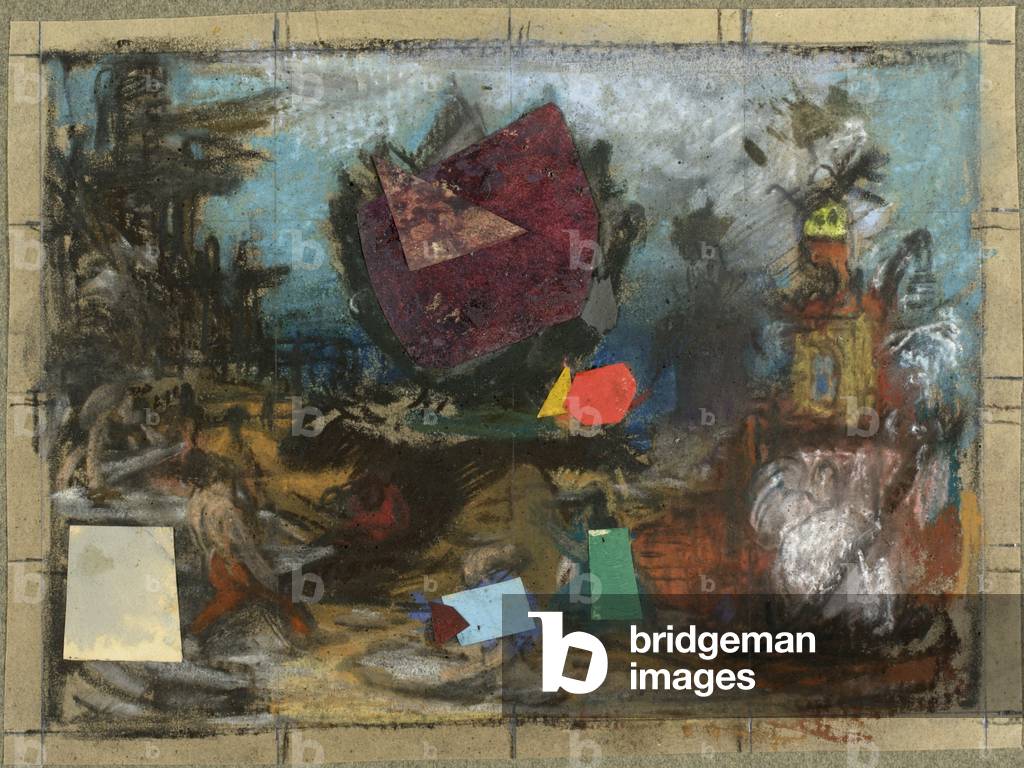 Study for The Rock, 1943-48 (collage composed of coloured pastels, charcoal, black chalk, and cut-out painted elements of wove paper on tan tracing paper, squared in graphite and charcoal, tipped onto tannish-green wove paper)