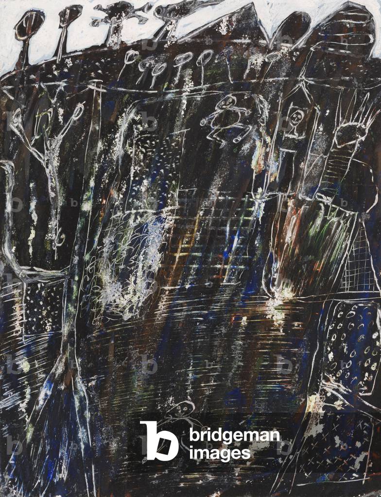 The Country, 1946-48 (gouache, with scratching & scraping, on dark tan wove paper, prepared with a white & colored gouache ground)