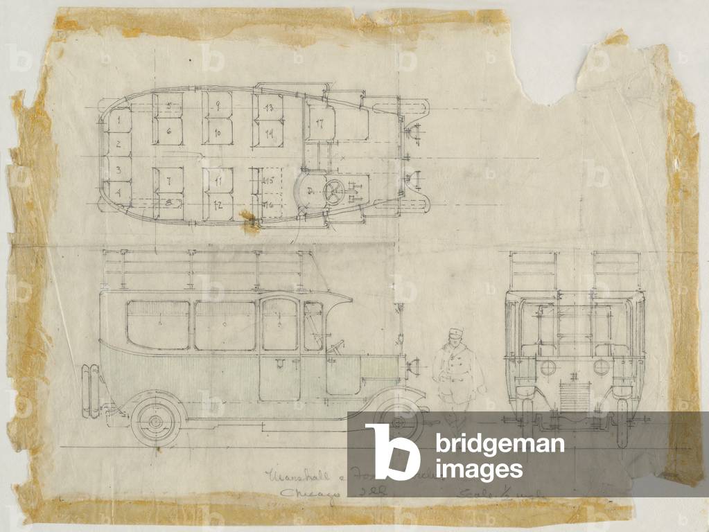 Plan and Elevations Study for a Motor Coach, Edgewater Beach Hotel, c.1916 (pencil & coloured pencil on tracing paper)
