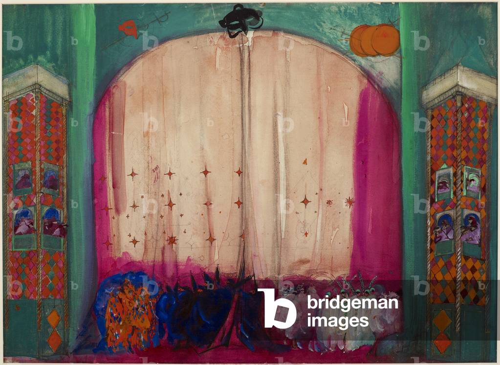 Pink Curtain #2, from Love of Three Orange (gouache & w/c with pen & black ink, gold metallic paint & charcoal, over graphite, selectively varnished, on off-white laid paper)