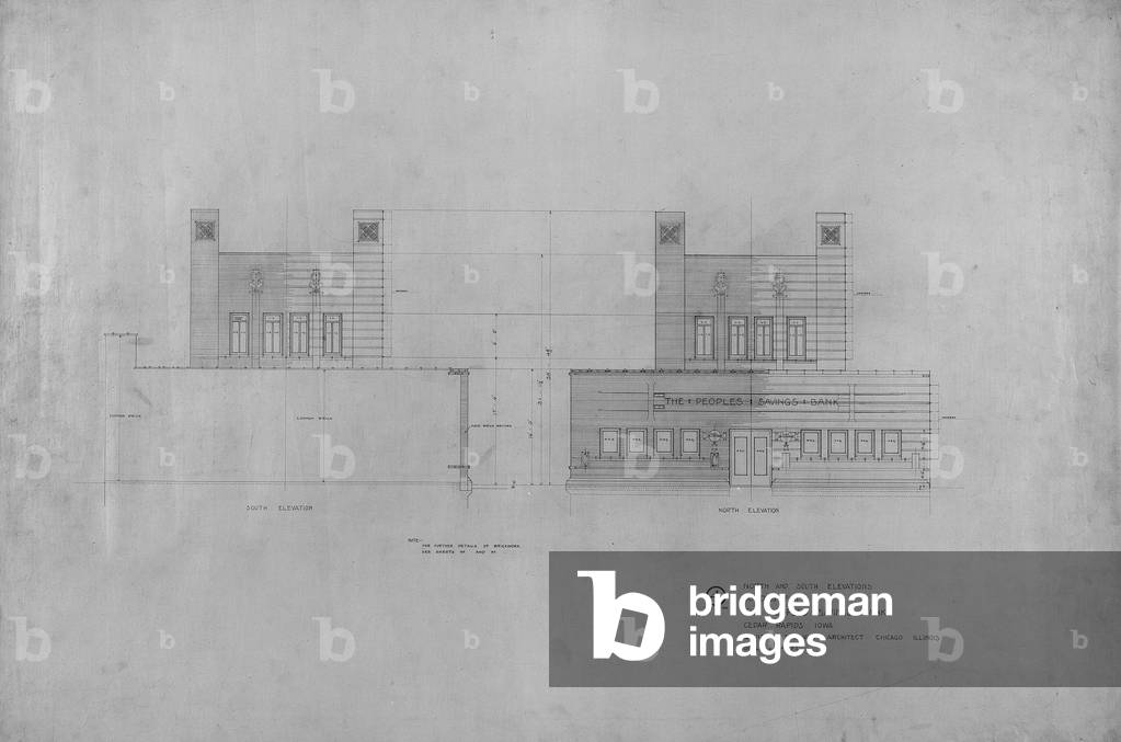 Peoples Savings Bank, Cedar Rapids, Iowa: North and South Elevations, 1909-11 (black & red ink on linen)