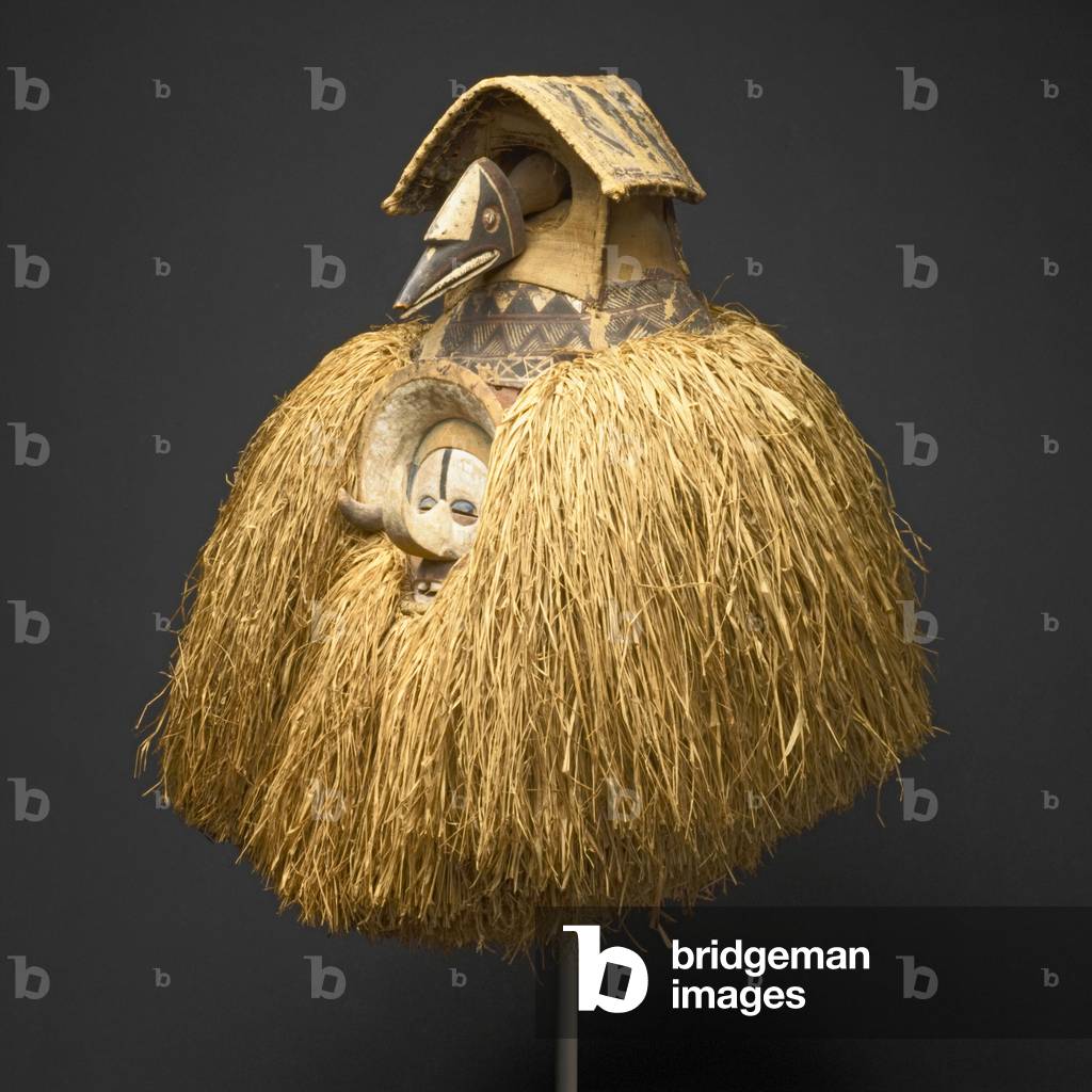 Mask (Kholuka or Mbala), late 19th-early 20th century (wood, raffia fibre, & pigment)