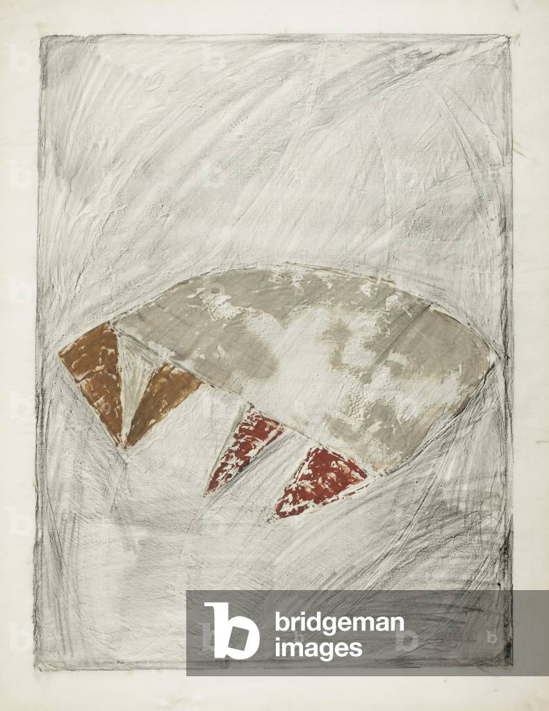 Drawing for Shamen, 1975-76 (graphite frottage & tempera on tracing paper, hinged to paper)