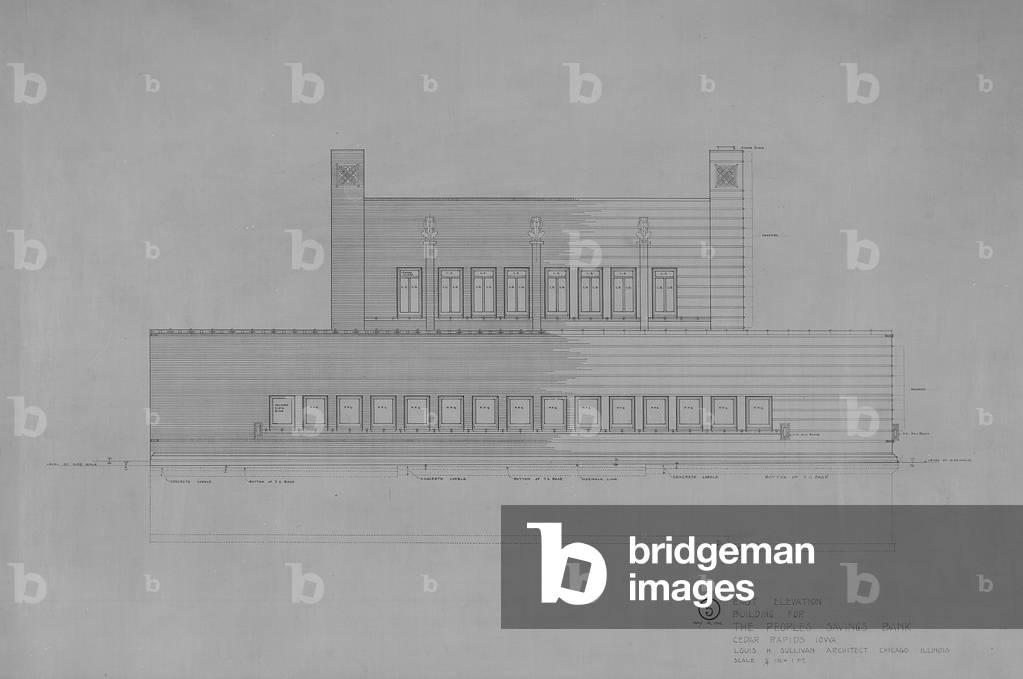 Peoples Savings Bank, Cedar Rapids, Iowa: East Elevation, 1909-11 (black & red ink on linen)