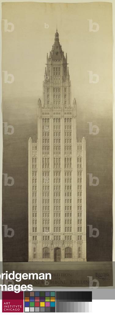 Chicago Tribune Tower Competition Entry: Michigan Avenue Elevation, 1922 (ink, graphite, and wash on paper)