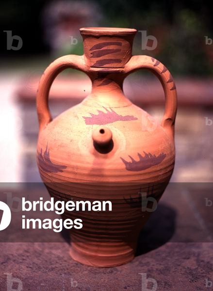 Spanish earthenware jug decorated with blue and red patterns (ceramic)