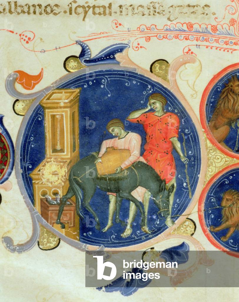 Uomini che attingevano acqua da un pozzo, dalla «Bibbia di Carlo V di Valois», copiata da Bernardino di Modena