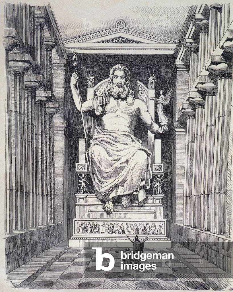 Statue of Olympian Zeus by Pheidias, from a series of the 'Seven Wonders of the Ancient World', 1886 (engravin