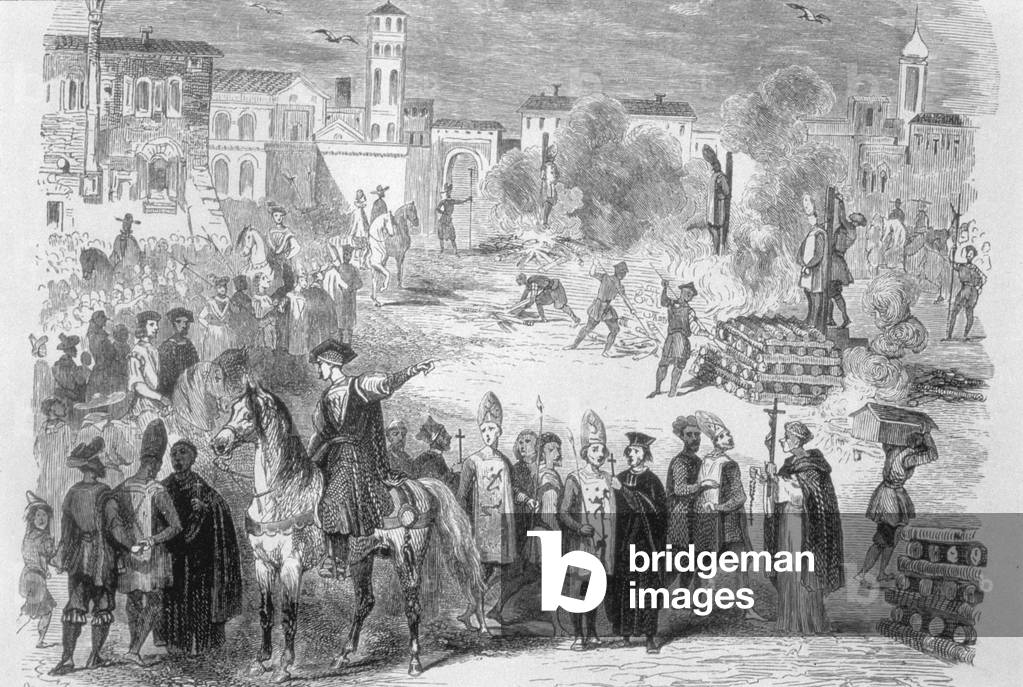 La celebrazione di un auto de fe nella pubblica piazza (incisione)