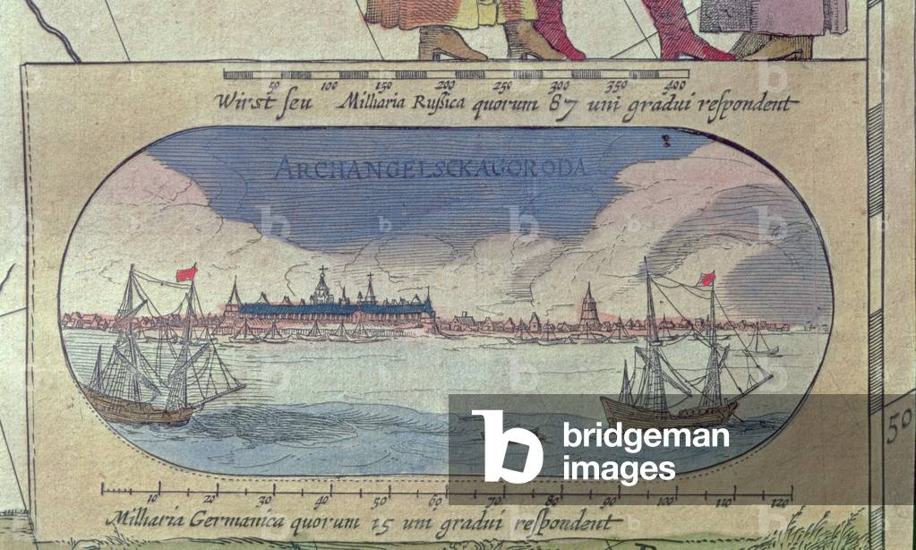 Veduta di Arcangelo vicino alla foce del fiume Dvina, da «Le Theatre du Monde» o «Nouvel Atlas», 1645 (incisio