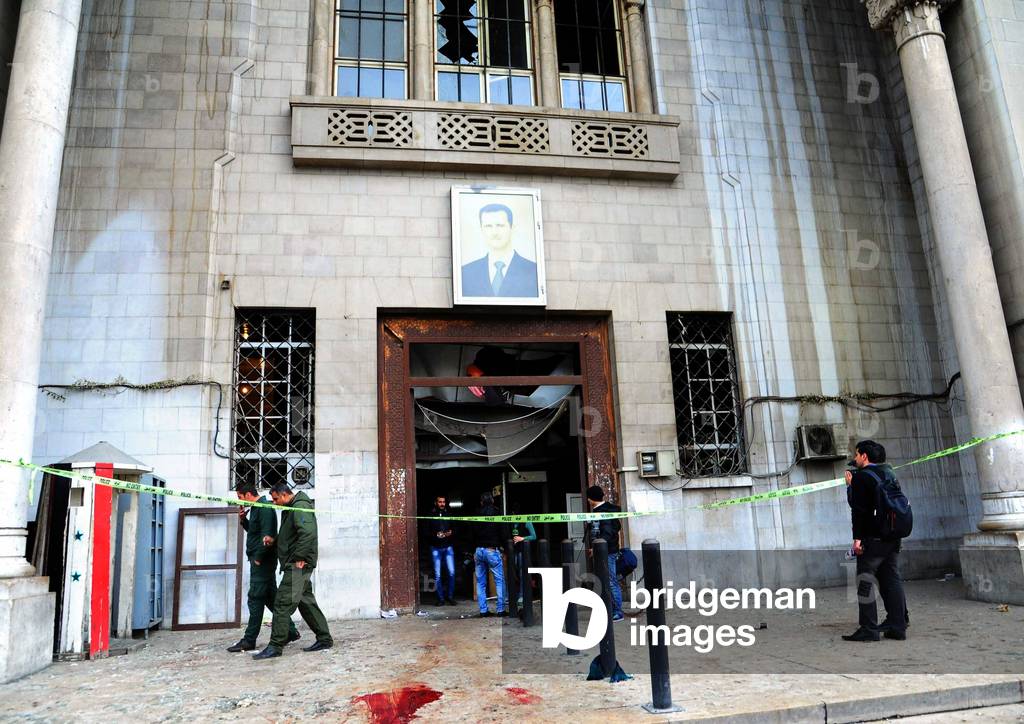 Blood stains the ground after a suicide bomber detonated his bomb vest inside the Justice Palace, in central Damascus of Syria, March 15, 2017, leaving 43 people killed and 105 others wounded. (photo)
