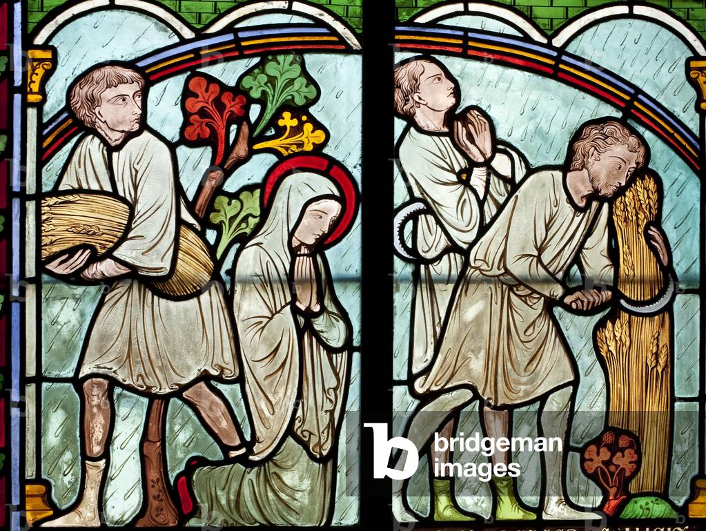 Stained glass details - Sainte Genevieve protects farm workers from the rain that threatens to destroy the crop. Notre Dame de Paris Cathedrale Notre Dame de Paris - Paris 4 - XIIIth, XIIIth, XIXeme, rehabilitation by Viollet-le-Duc -