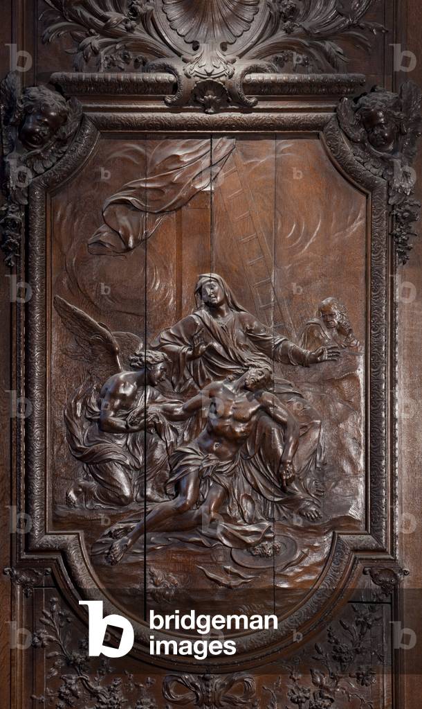 A carved file from the stalls of the choir of Notre-Dame. La Descent de Croix, in place in the choir of the south coast of the cathedrale Notre-Dame - Paris 4 - XIIIeme, XIIIeme, XIXeme, rehabilitation by Viollet-le-Duc -