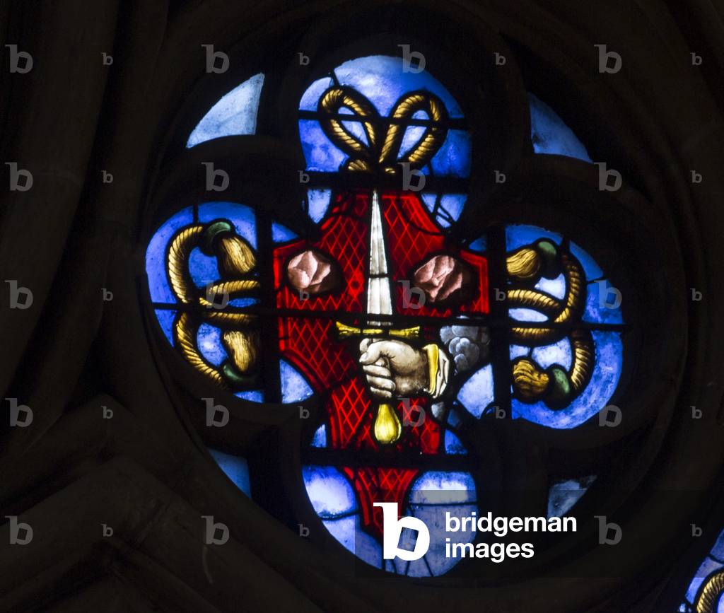 the coat of arms of Chapter 1521. Stained glass. St Stephen's Cathedral in Metz