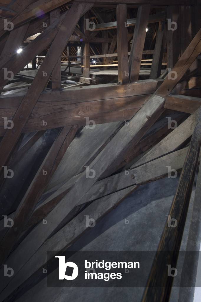 The northwest corner of the stool of the fleche of the transept crossing, Cathedrale Notre Dame de Paris - Paris 4 - XIIIth, XIIIth, XIXeme, rehabilitation by Viollet-le-Duc -