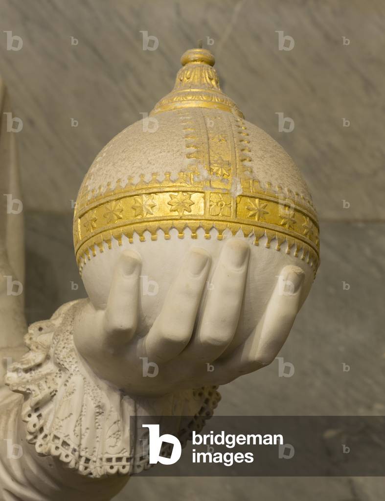 Detail of the hand holding the globe of Napoleon I, sculpture, crypt of the Invalides