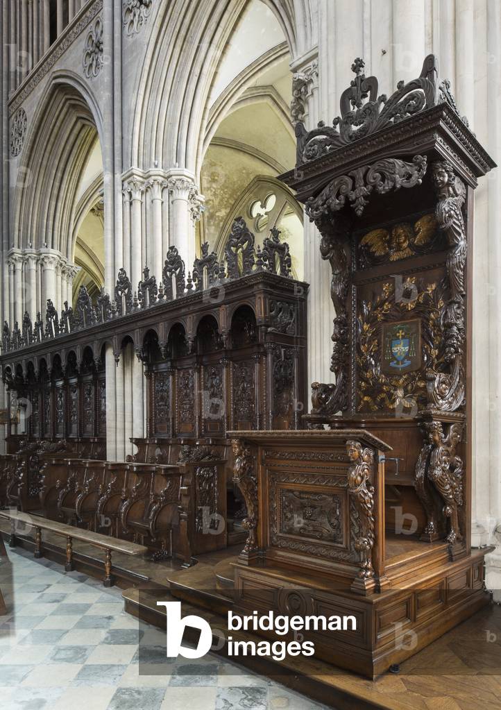 Renaissance stalls of 1589 and episcopal throne in the arms of Bishop Jean Bardé, Cathedral of Saint Vincent of Bayeux