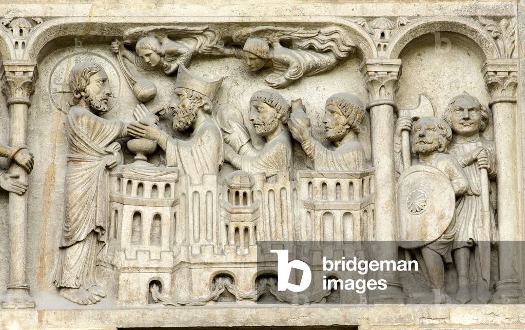 The last communion of Saint Denis and his companions - Porte du Croisillon nord, dit porte des Valois, linteau, detail - Basilique de Saint-Denis (Saint Denis) - France, Ile-de-France, Seine-Saint-Denis