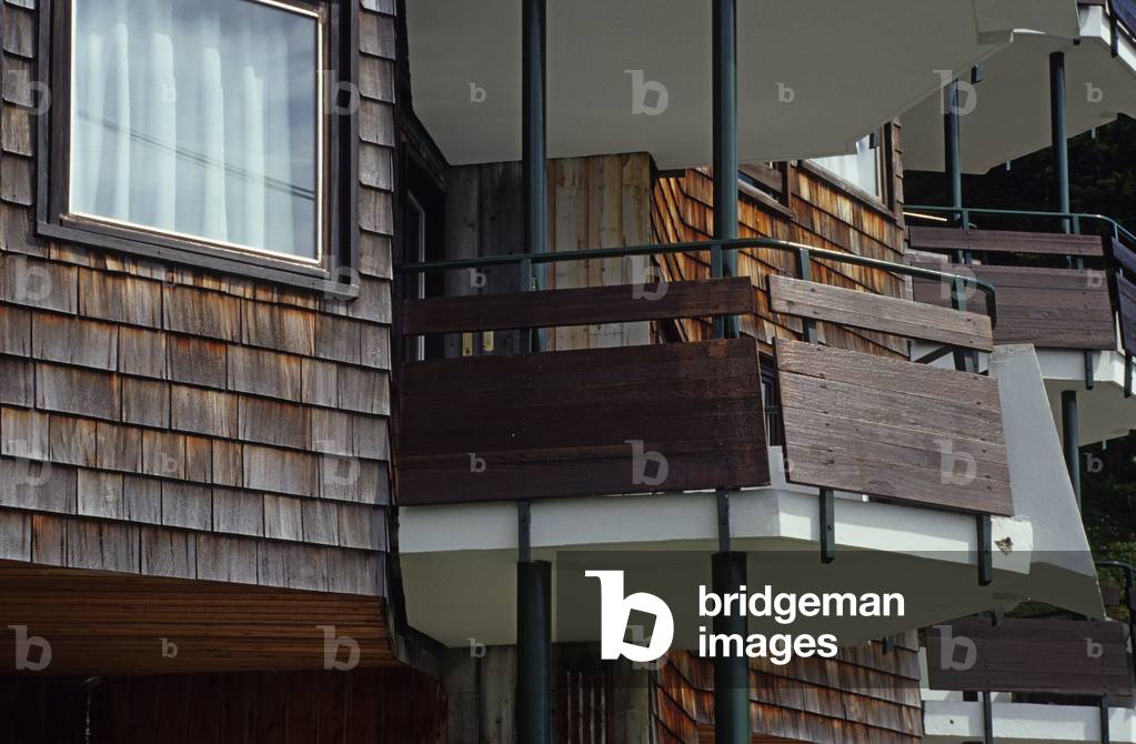 Detail of architecture in Avoriaz (Haute Savoie). Architects Jacques Labro and Jean Jacques Orzoni, 1966.