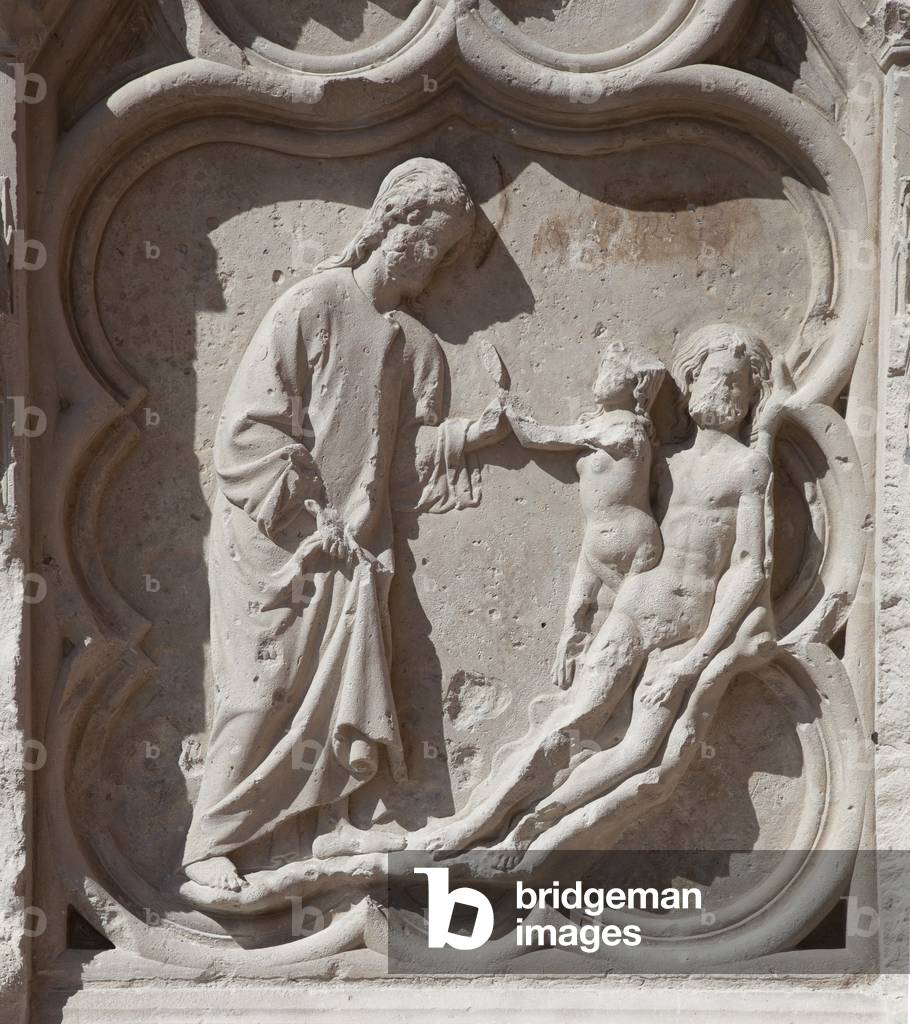 God creating the woman on the side of man. Cycle of Adam and Eve, Auxerre Cathedral, 1260