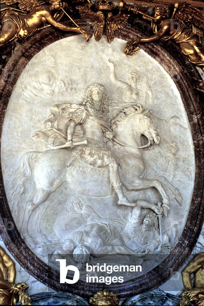 Large apartments, war room by Charles Le Brun (1619-1690), detail of the equestrian plaster by Louis XIV (1638-1715) by Antoine Coysevox (1640-1720). Chateau de Versailles (Les Yvelines). Principal architects Louis Le Vau (1612-1670) and Jules Hardouin Mansart (1646-1708), 1660-1700.