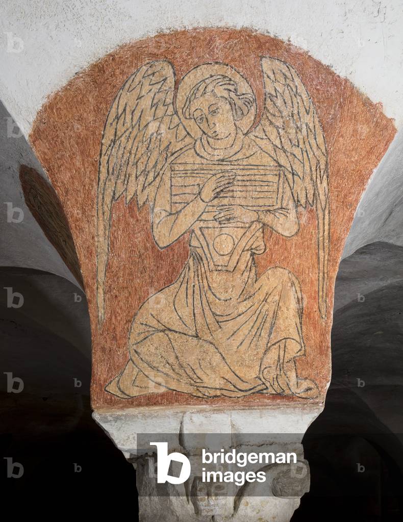 musician angel: psaltery, Romanesque crypt, Bayeux Cathedral