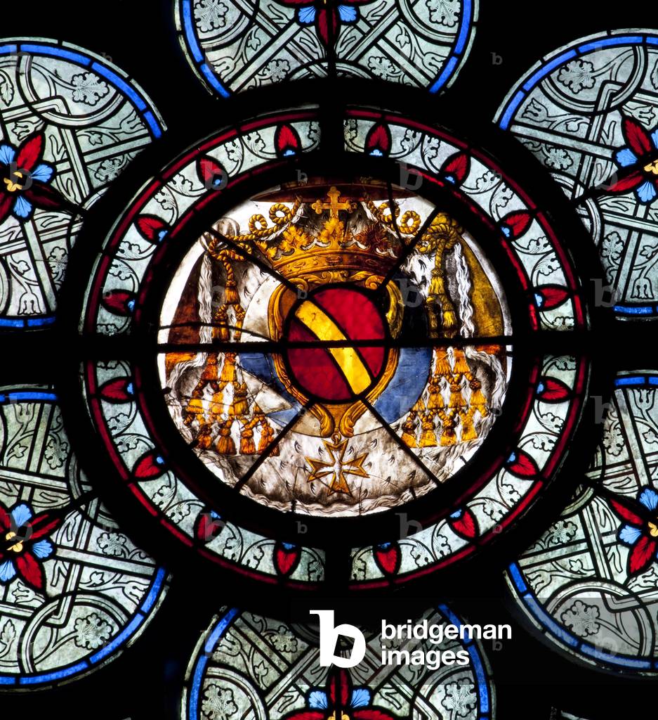 The oculus of the eardrum of one of the two windows of the chapel of Noailles, with the arms of the cardinal, painted in the middle of the 18th century by Jean Le Vieil. Cathedrale Notre Dame de Paris - Paris 4 - XIIIth, XIIIth, XIXth, rehabilitation by Viollet-le-Duc -