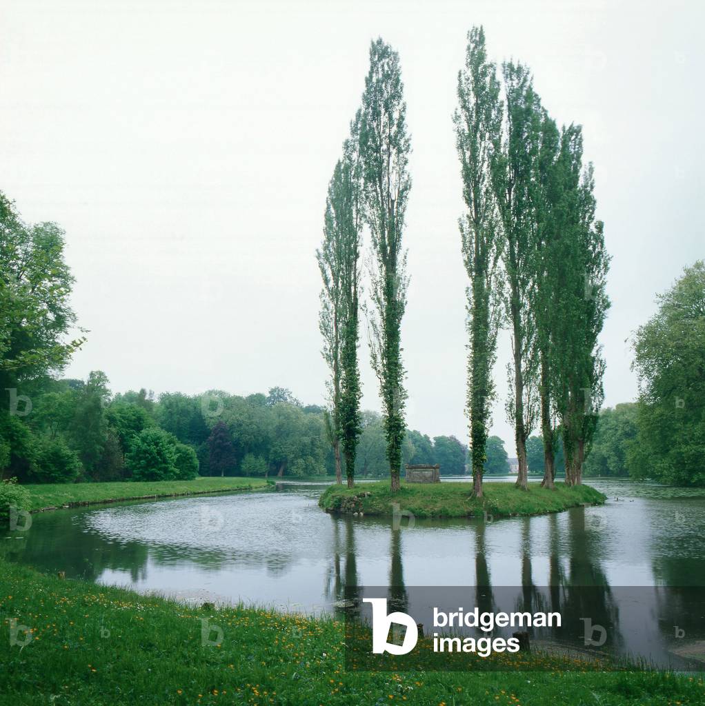 Parc d'Ermenonville “” Jean-Jacques Rousseau”, Oise, Picardie, France. From 1765 onwards, the Marquis Rene de Girardin created a park adorned with factories. Inspired by Jean-Jacques Rousseau in his vision of nature and with a moral intention, the Marquis surround himself with the advice of landscape architect Jean-Marie Morel, painter Hubert Robert, who later drew Mereville, Abbe Delille and Scottish gardeners. The park is treated in an English garden and the factories use both romantic style and maconic symbols. The ensemble stretched to the north and south of the castle over a hundred hectares and had about fifty factories of varying importance.