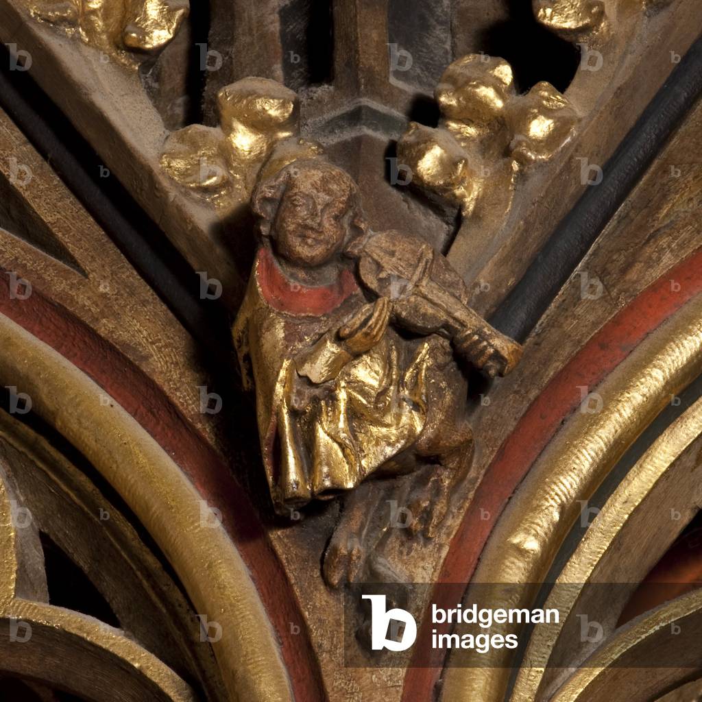 Figures of musical angels, sculpted on the south wall of the choir of the Cathedrale Notre-Dame de Paris built at the beginning of the 14th century Cathedrale Notre Dame de Paris - Paris 4 - XIIIth, XIIIth, XIXth, rehabilitation by Viollet-le-Duc -