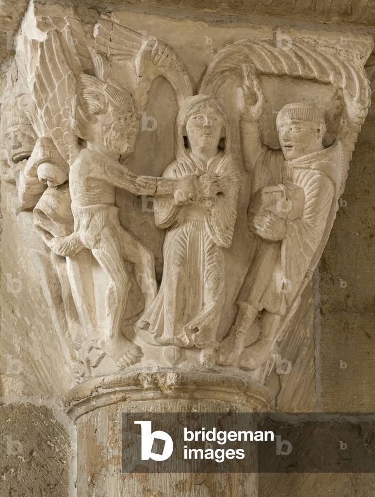 St Benedict resists temptation 12th century (sculpture)