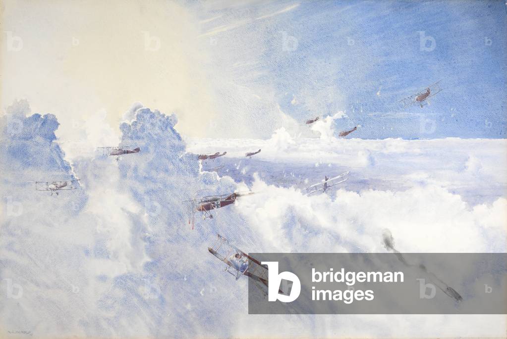 Colonel L. W. Brabazon Rees winning the VC in a single-seater De Havilland Pusher Scout, 1st July 1916, 1919 (w/c on paper )