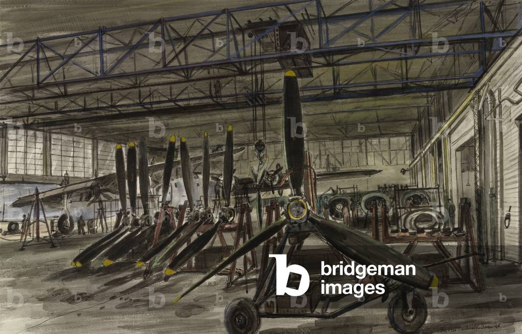 43 Group Air Frame Repair Service, Lincoln: putting air-screws in position by means of overhead cranes, 1945 (w/c & ink on paper )