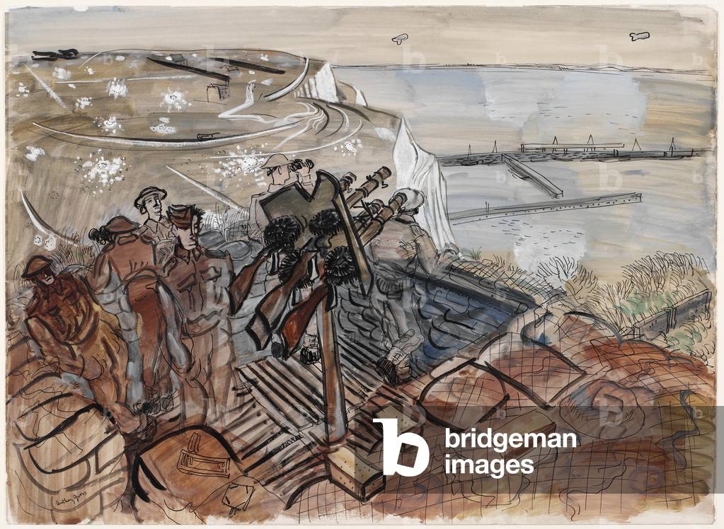 Light Anti-aircraft Defences: a quadruple Lewis Gun, 1941 (ink and wash)