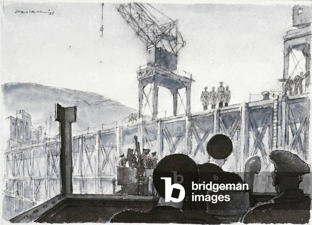 The Surrender: the British landing party approaching the jetty at Alderney in May 1945, while German officers are waiting to receive them, 1945 (ink & wash)