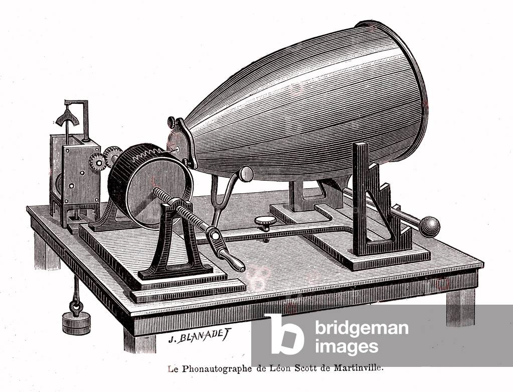 The phonautograph by Leon Scott de Martinville, 1891 (engraving)