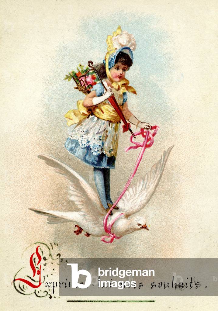 Greeting card depicting a girl on a dove carrying a basket loaded with flowers. Chromolithography of the late 19th century