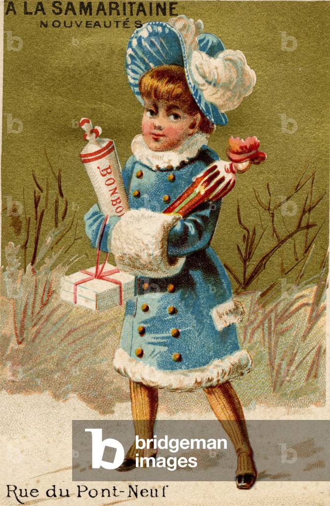 Advertising sticker for department stores “” La samaritaine””: a young woman wearing elegantly clothes carries gifts. Chromolithography of the 19th century