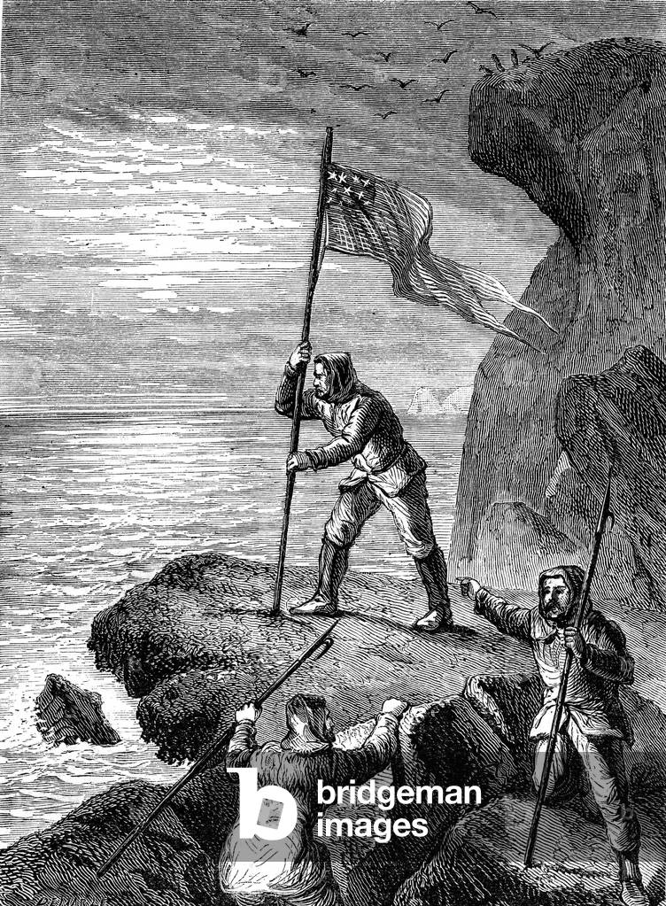The explorer and doctor Isaac HAYES planted the American flag for the Arctic Sea in 1863, 1890 (engraving)