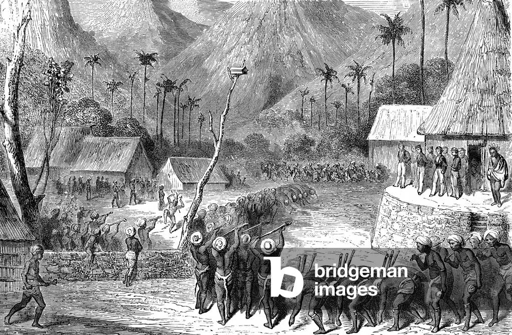 Warriors Dance before European Visitors in the 1850s from the VIti island, 19th century (engraving)