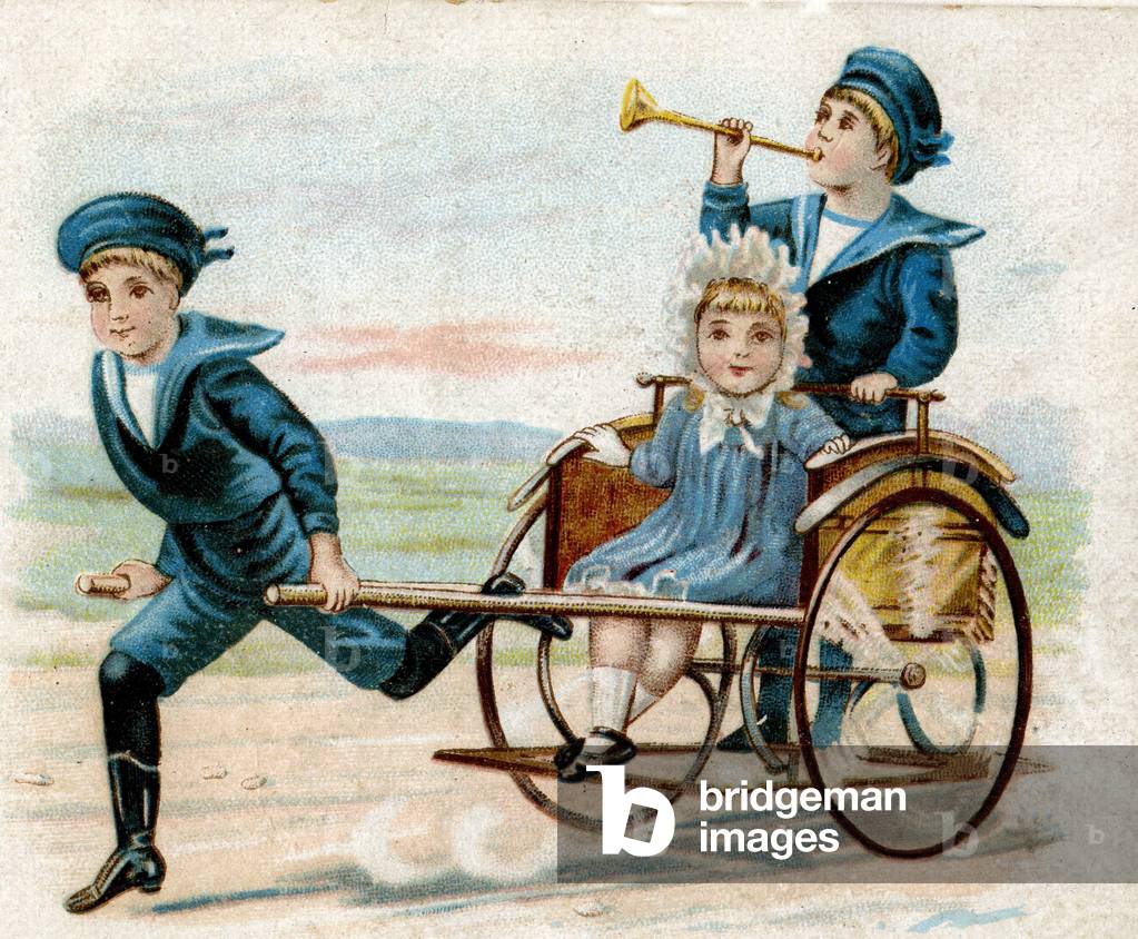 Three children playing with a kind of human-traction transport vehicle resembling the rickshaw. Bressuire (Deux Sevres) Chromolithography of the late 19th century