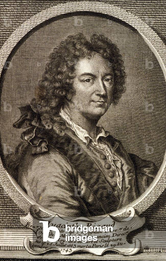 Portrait of Hyacinthe Rigaud (1659 - 1743), French painter, portraitist attitle by Louis XIV. Engraving of the 18th century.