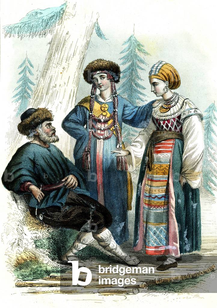 Types of East and Finland: Seated Russian peasant, Tartar woman and Finnish woman, 1862 (engraving)