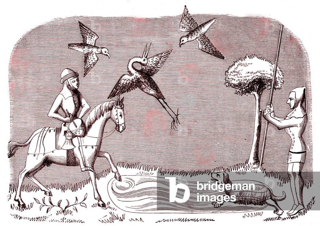 Heron hunting. The book of King Modus and the royn Racio, hunting book, circa 1354-1377. Engraving 1878