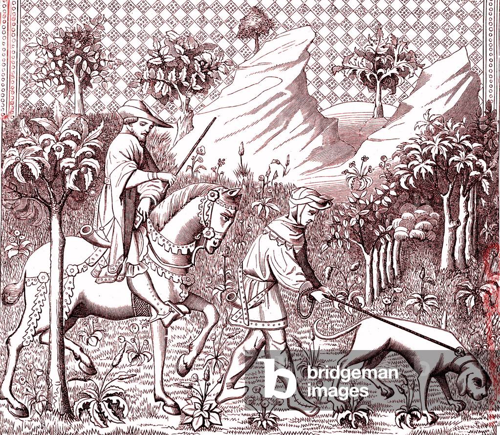 The Lord has the hunt - Book by Gaston Phebus (Gaston III by Foix-Bearn, 1331-1391) on hunting. Engraving 1878