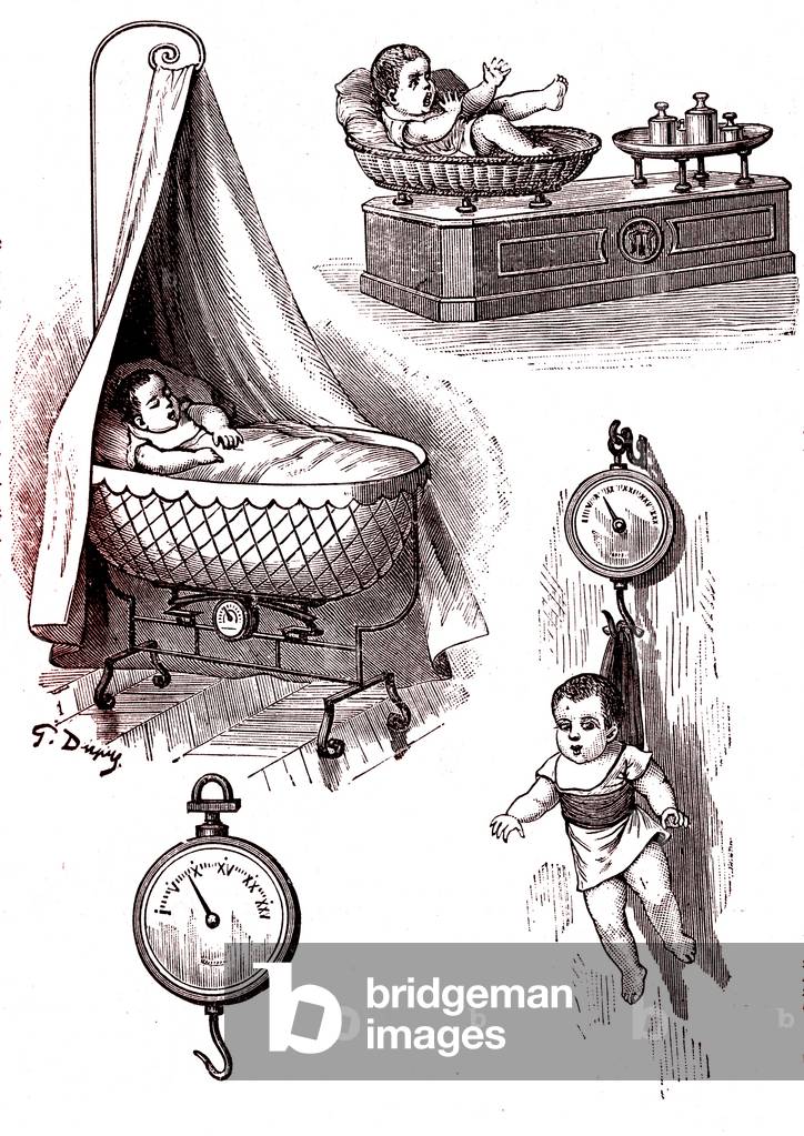 Weighing the baby, 1887 (engraving)