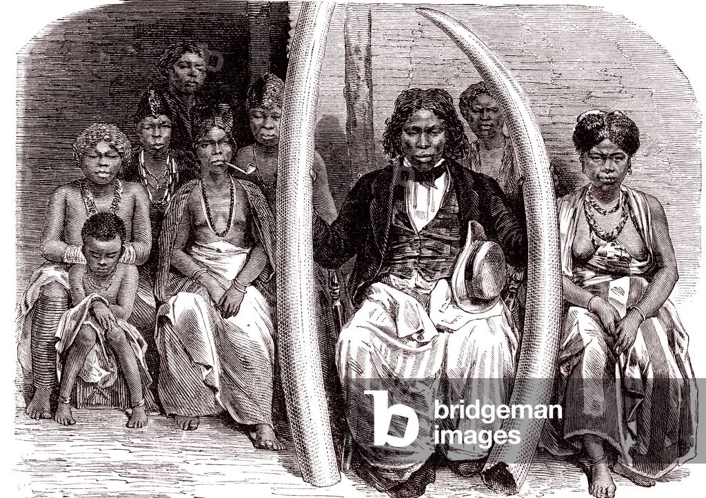 Ivory merchant and his family, GABON, 1865 (engraving)