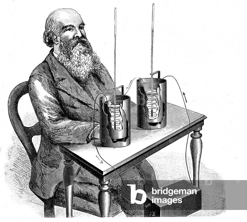 James Prescott Joule,english physicist ( 1818-1889 ) measures the heating of
metal by the passage of an electric current,  ( Popular physycs by E,  Desbeaux
, 1891