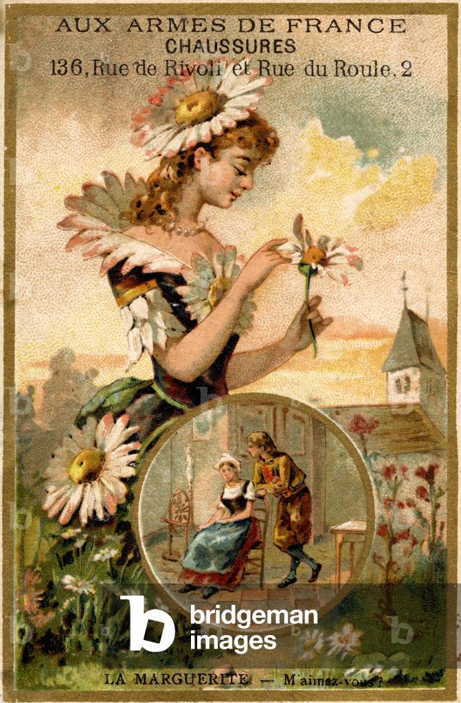 A woman leaves a daisy to find out if a man loves her. Chromolithography of the 19th century.